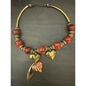 Vintage artisan BoHo necklace red glass beads mixed metal heart charms